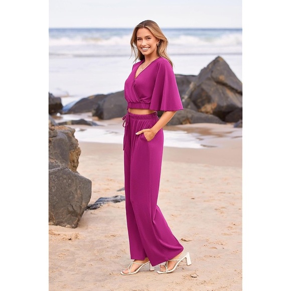 PRETTYGARDEN 2 Piece Outfits For 2024 Summer Wide Leg Pants Set Purple Size M - Picture 4 of 14